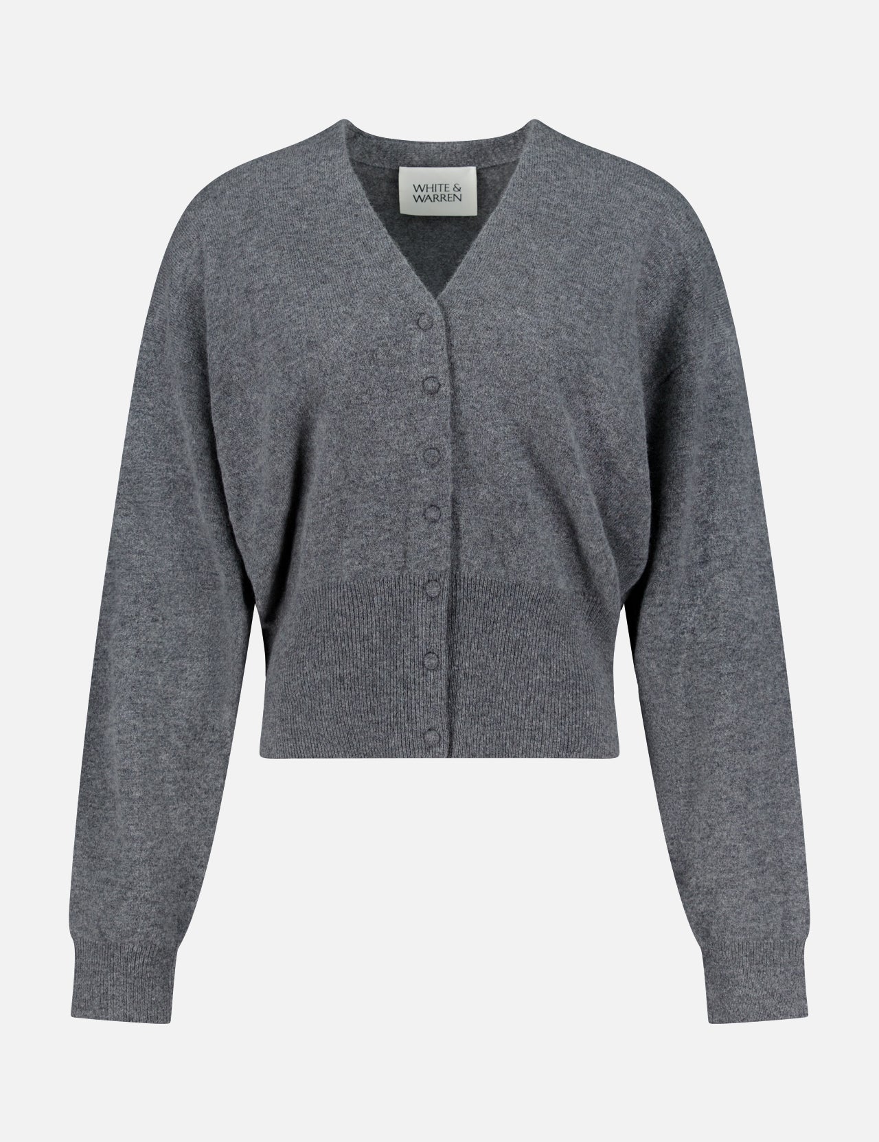 The WHITE + WARREN Cashmere Deep V-neck Cardigan is a gray, long-sleeve, cropped cardigan featuring a button-down front, shown against a plain white background.