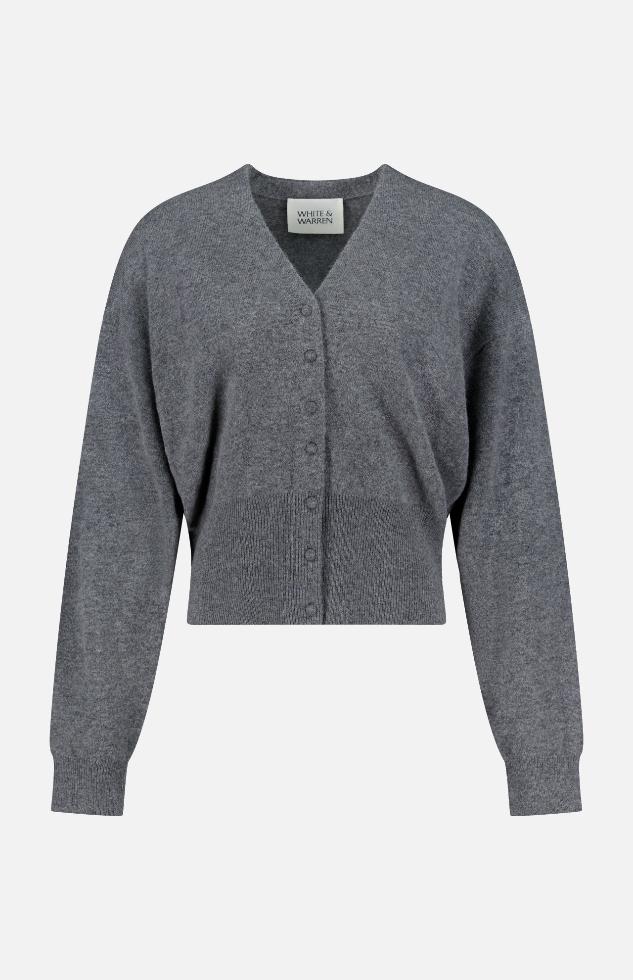 The WHITE + WARREN Cashmere Deep V-neck Cardigan is a gray, long-sleeve, cropped cardigan featuring a button-down front, shown against a plain white background.