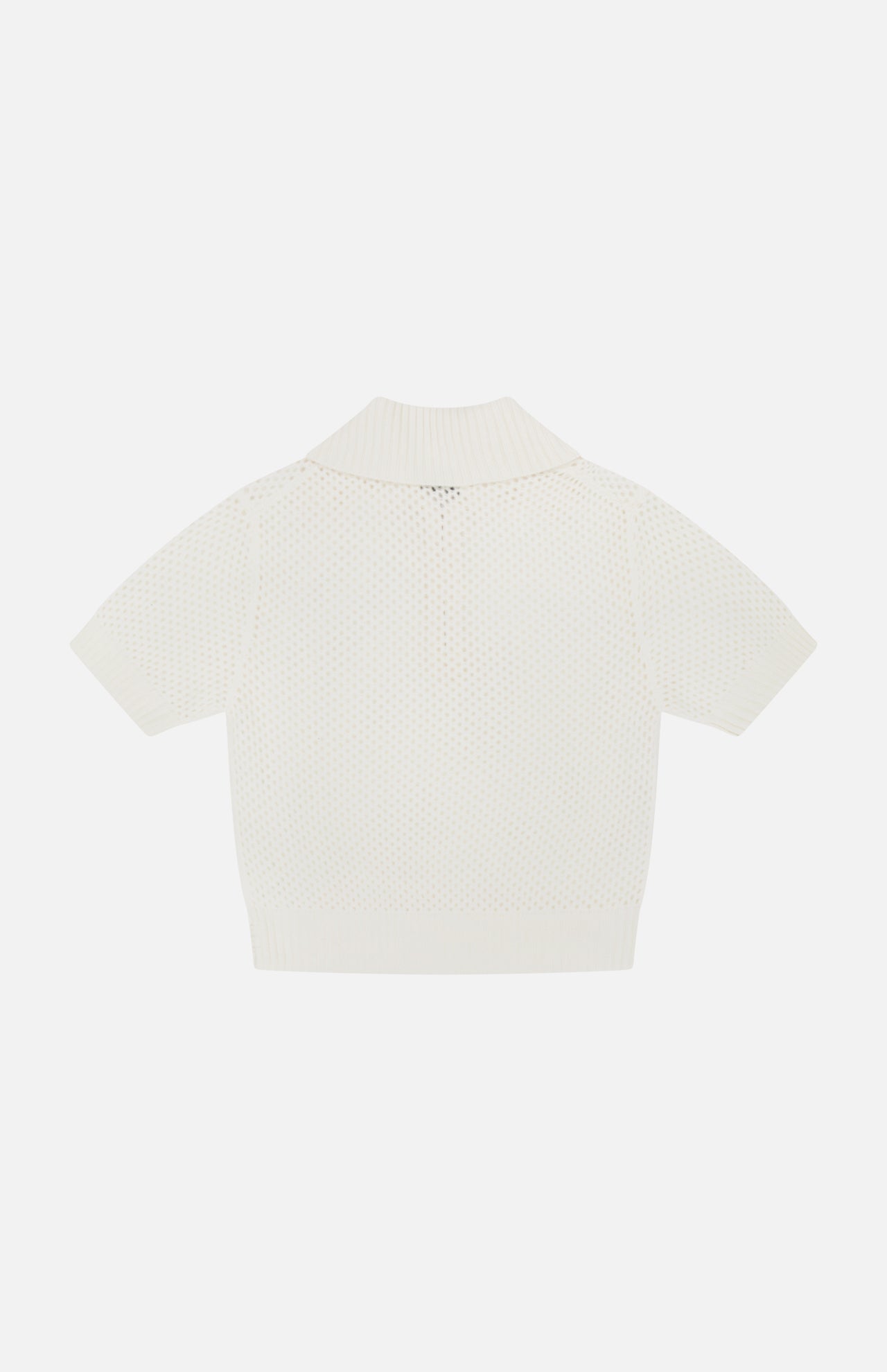 The WHITE + WARREN Cashmere Mesh Polo Shirt is a short-sleeve, white knit top with a mesh design, wide ribbed hem, and relaxed collar, displayed flat on a white background.