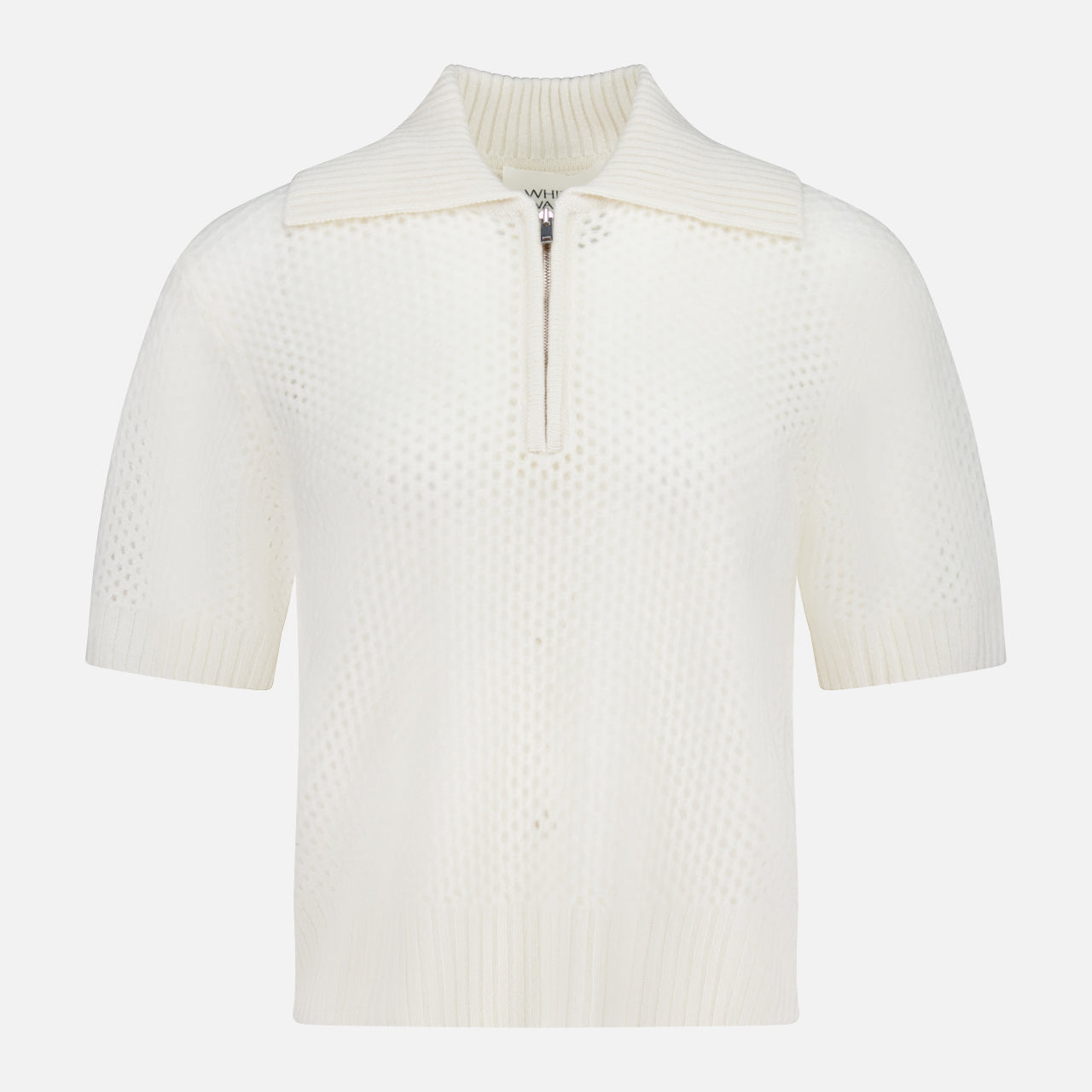 The WHITE + WARREN Cashmere Mesh Polo Shirt features short sleeves, a ribbed collar, and a zippered neckline, shown against a plain white background.
