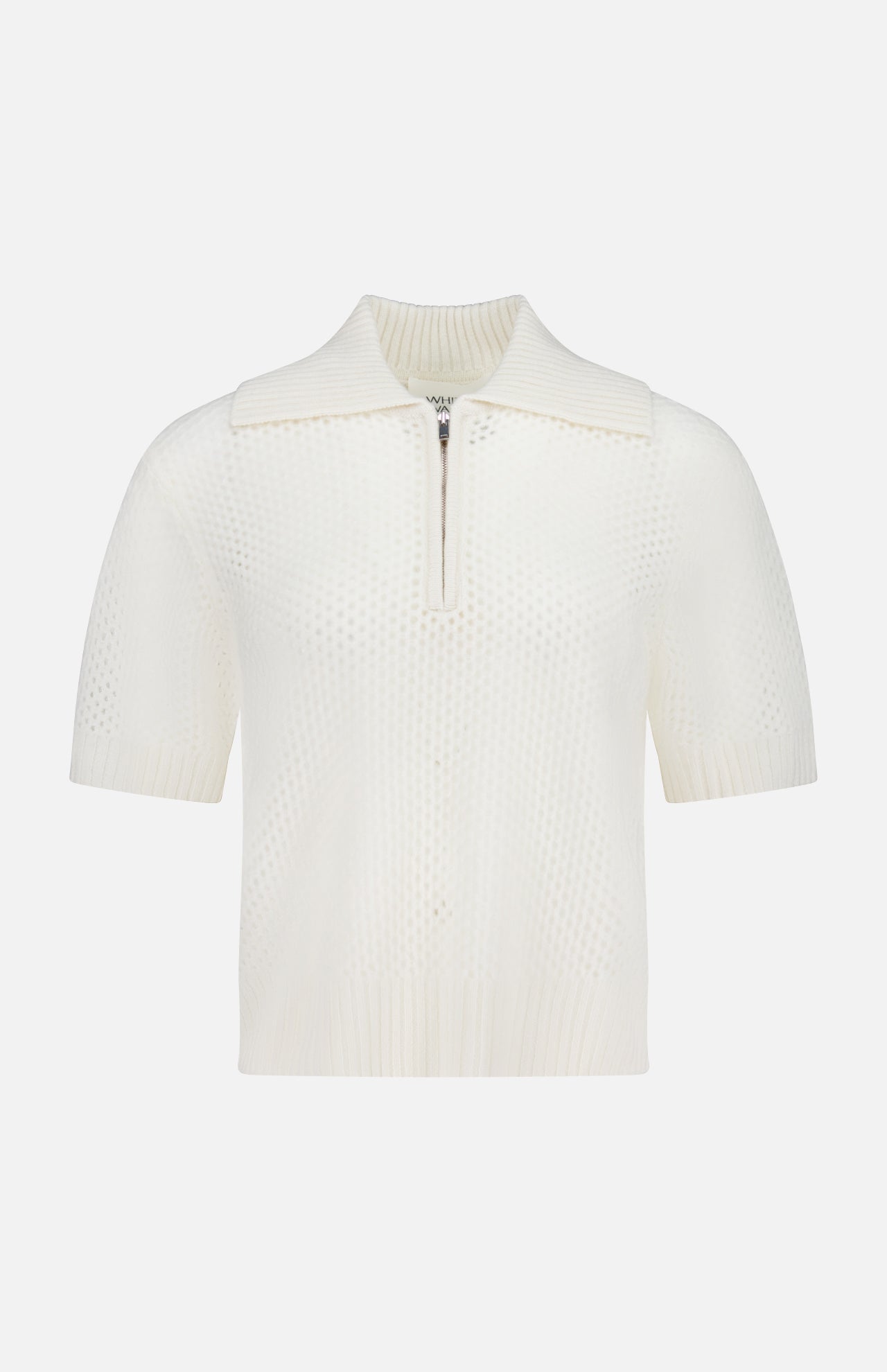 The WHITE + WARREN Cashmere Mesh Polo Shirt features short sleeves, a ribbed collar, and a zippered neckline, shown against a plain white background.