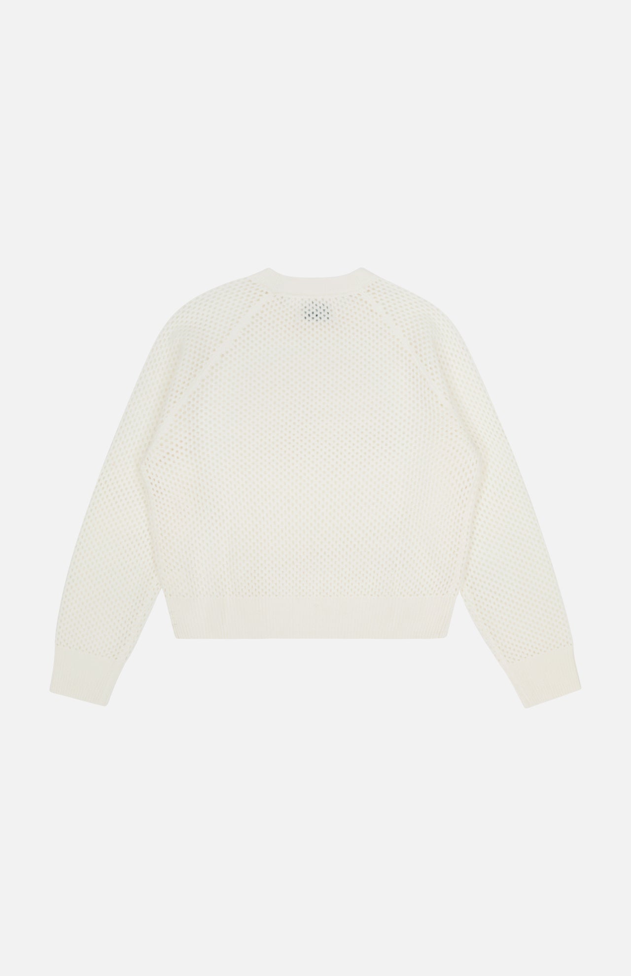 The WHITE + WARREN Cashmere Mesh Sweatshirt is an off-white, long-sleeve knit with mesh construction, a crew neckline, and ribbed cuffs, shown laid flat back-up on a plain white background.