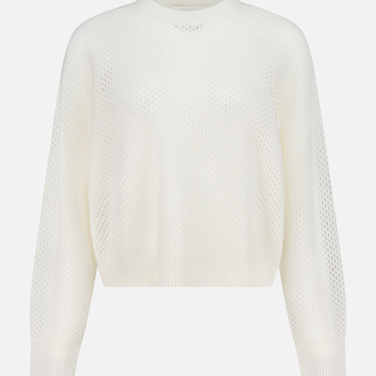 The Cashmere Mesh Sweatshirt by WHITE + WARREN is a white, long-sleeve knit with a crew neck and slightly cropped, loose fit. Its lightweight mesh fabric offers an airy, see-through look, finished with ribbed cuffs and hem.