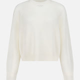The Cashmere Mesh Sweatshirt by WHITE + WARREN is a white, long-sleeve knit with a crew neck and slightly cropped, loose fit. Its lightweight mesh fabric offers an airy, see-through look, finished with ribbed cuffs and hem.