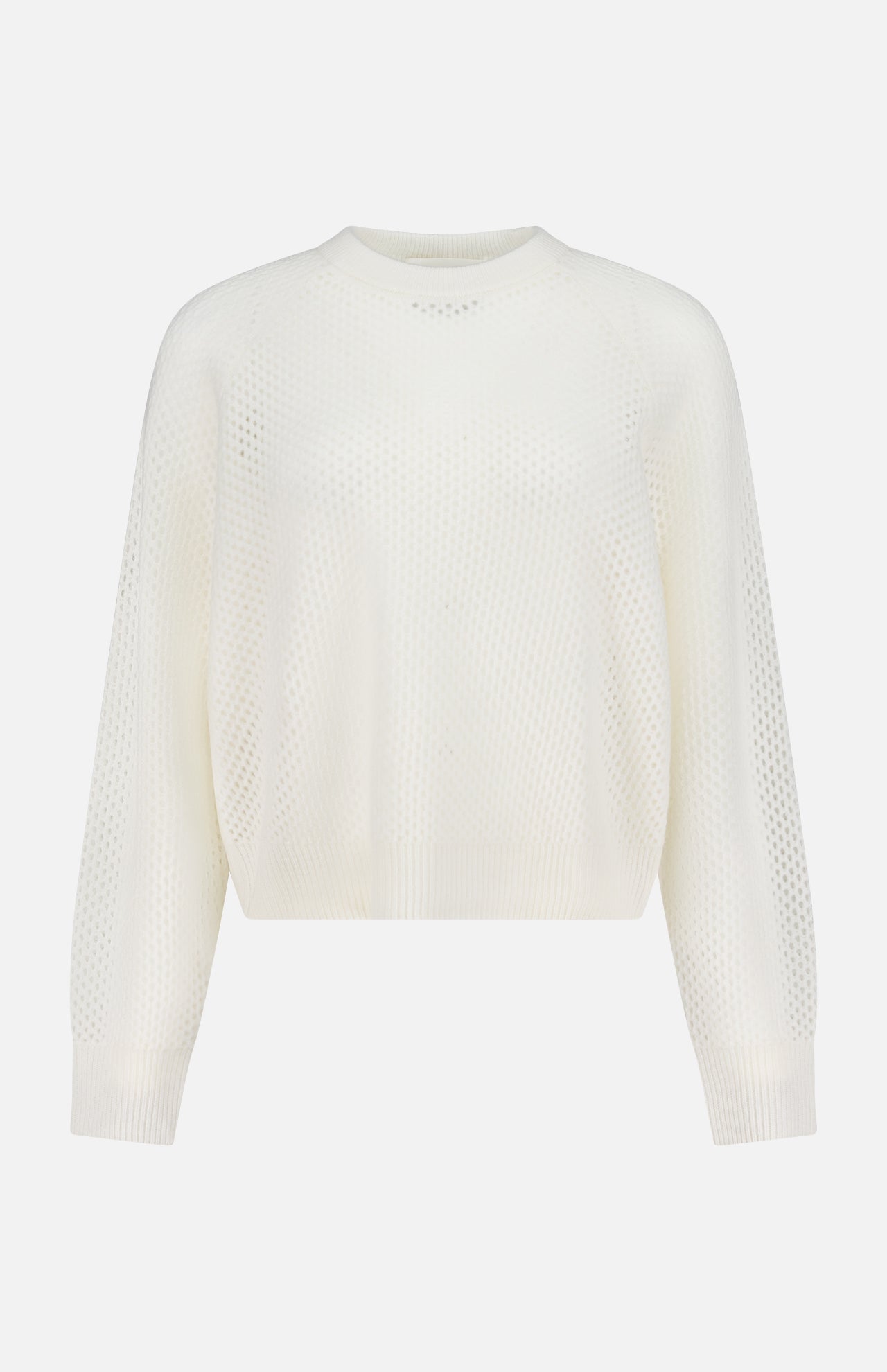 The Cashmere Mesh Sweatshirt by WHITE + WARREN is a white, long-sleeve knit with a crew neck and slightly cropped, loose fit. Its lightweight mesh fabric offers an airy, see-through look, finished with ribbed cuffs and hem.