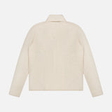 Back view of the WHITE + WARREN Cashmere Mini Trapeze Cardigan in cream, showcasing a slim fit silhouette with long sleeves and a collar, crafted from soft, textured cashmere and set against a plain white background.