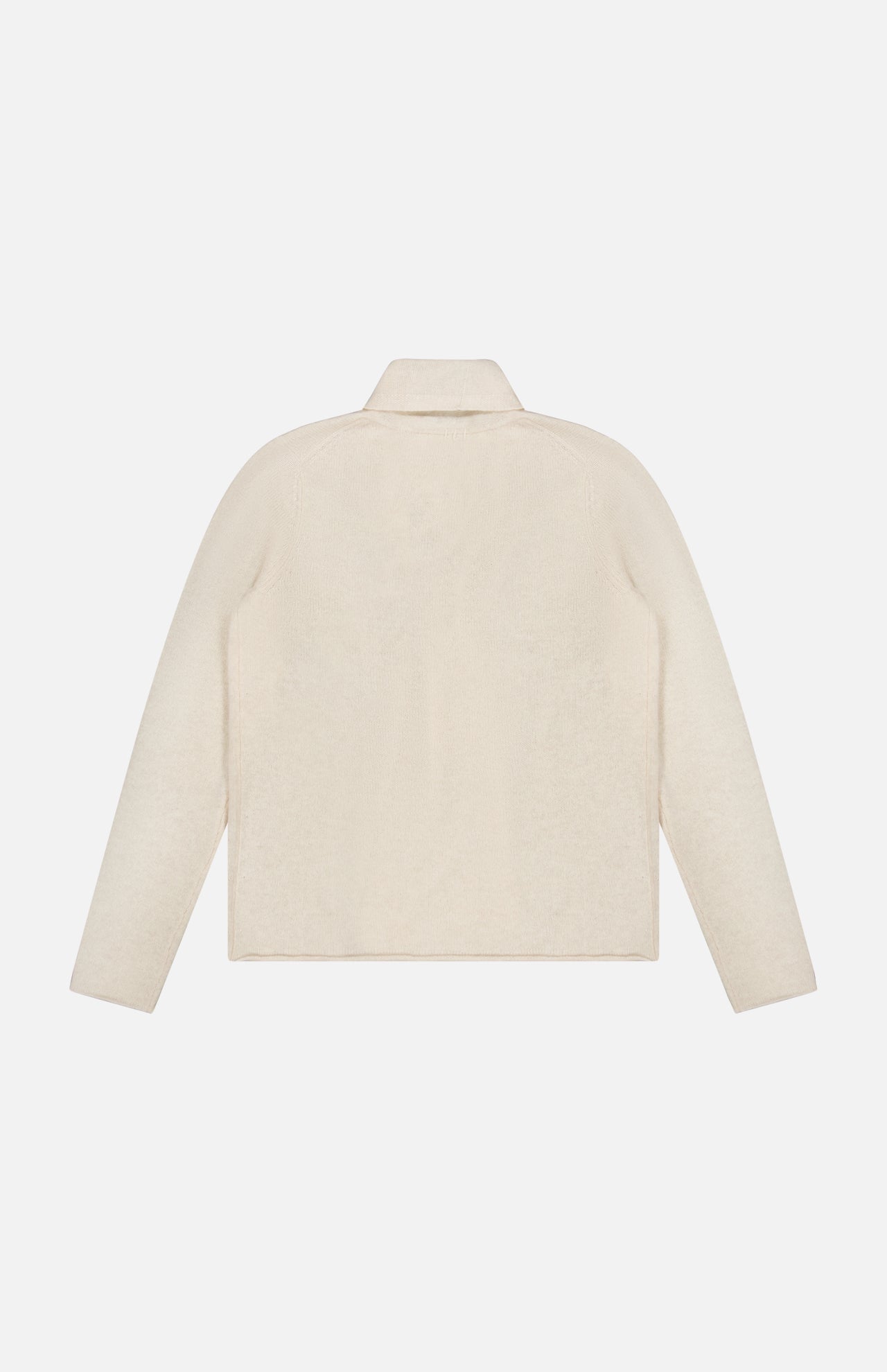 Back view of the WHITE + WARREN Cashmere Mini Trapeze Cardigan in cream, showcasing a slim fit silhouette with long sleeves and a collar, crafted from soft, textured cashmere and set against a plain white background.