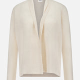 The WHITE + WARREN Cashmere Mini Trapeze Cardigan is a cream-colored, long-sleeve cardigan featuring a relaxed fit and an open front without buttons or fasteners. Made from soft, smooth cashmere, it is displayed on a plain white background.