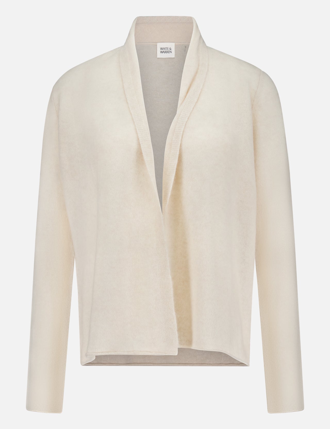 The WHITE + WARREN Cashmere Mini Trapeze Cardigan is a cream-colored, long-sleeve cardigan featuring a relaxed fit and an open front without buttons or fasteners. Made from soft, smooth cashmere, it is displayed on a plain white background.