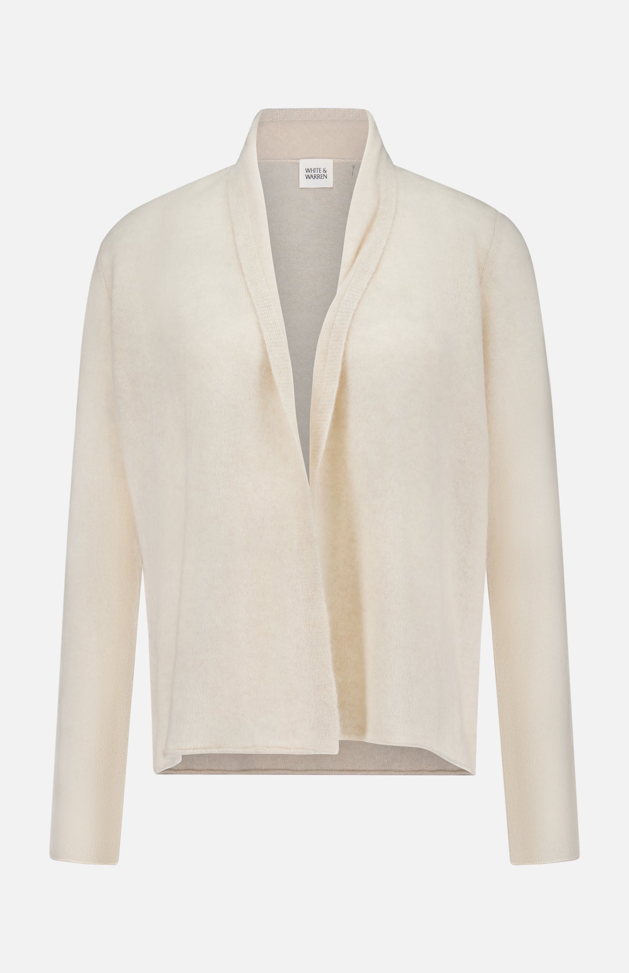 The WHITE + WARREN Cashmere Mini Trapeze Cardigan is a cream-colored, long-sleeve cardigan featuring a relaxed fit and an open front without buttons or fasteners. Made from soft, smooth cashmere, it is displayed on a plain white background.