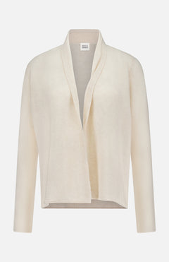 The WHITE + WARREN Cashmere Mini Trapeze Cardigan is a cream-colored, long-sleeve cardigan featuring a relaxed fit and an open front without buttons or fasteners. Made from soft, smooth cashmere, it is displayed on a plain white background.
