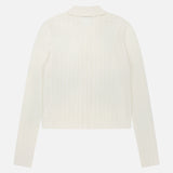 A back view of the WHITE + WARREN Cashmere Pointelle Shirt in off-white, featuring long sleeves, ribbed-knit texture, straight hem, and a simple collar, displayed on a plain white background.