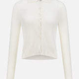 The WHITE + WARREN Cashmere Pointelle Shirt is a long-sleeve, ribbed off-white cardigan with a collar, front buttons, and subtle pointelle detailing, displayed on a plain white background.