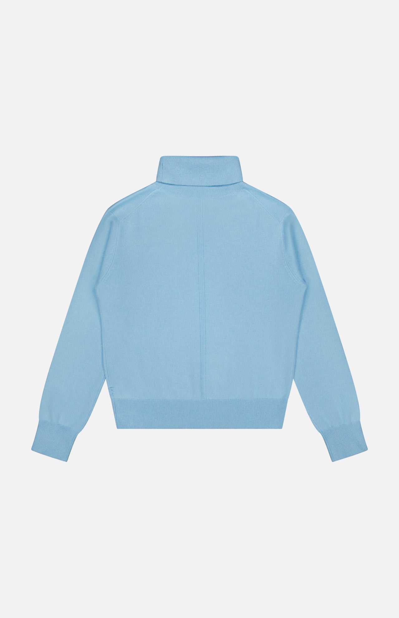 The Cashmere Rib Trim Easy Turtleneck Sweater by WHITE + WARREN is shown from the back in light blue, featuring a high turtleneck collar, ribbed cuffs, and waistband against a plain white background.