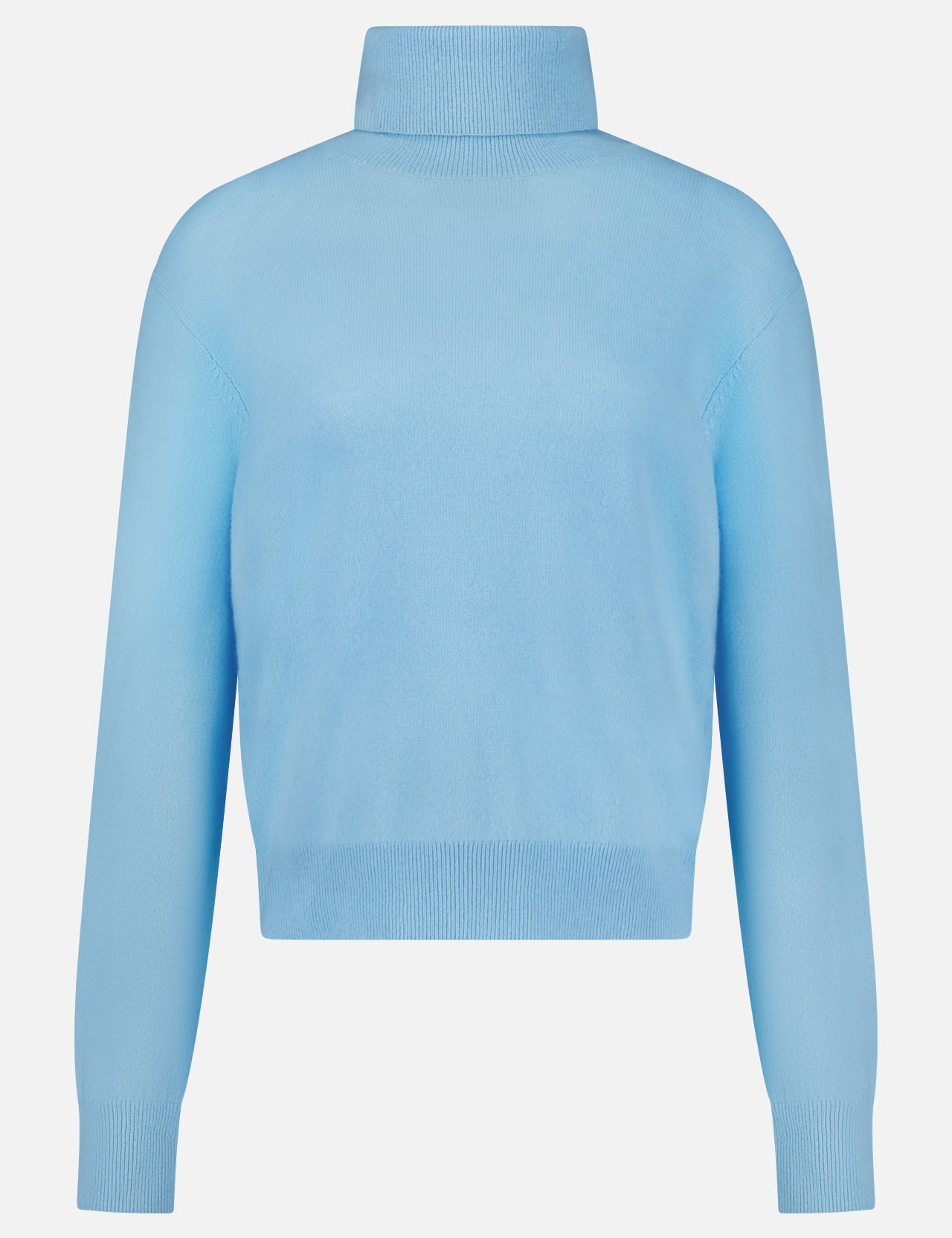 The WHITE + WARREN Cashmere Rib Trim Easy Turtleneck Sweater in light blue features long sleeves, a mock turtleneck, and ribbed cuffs and hem, displayed against a plain white background.