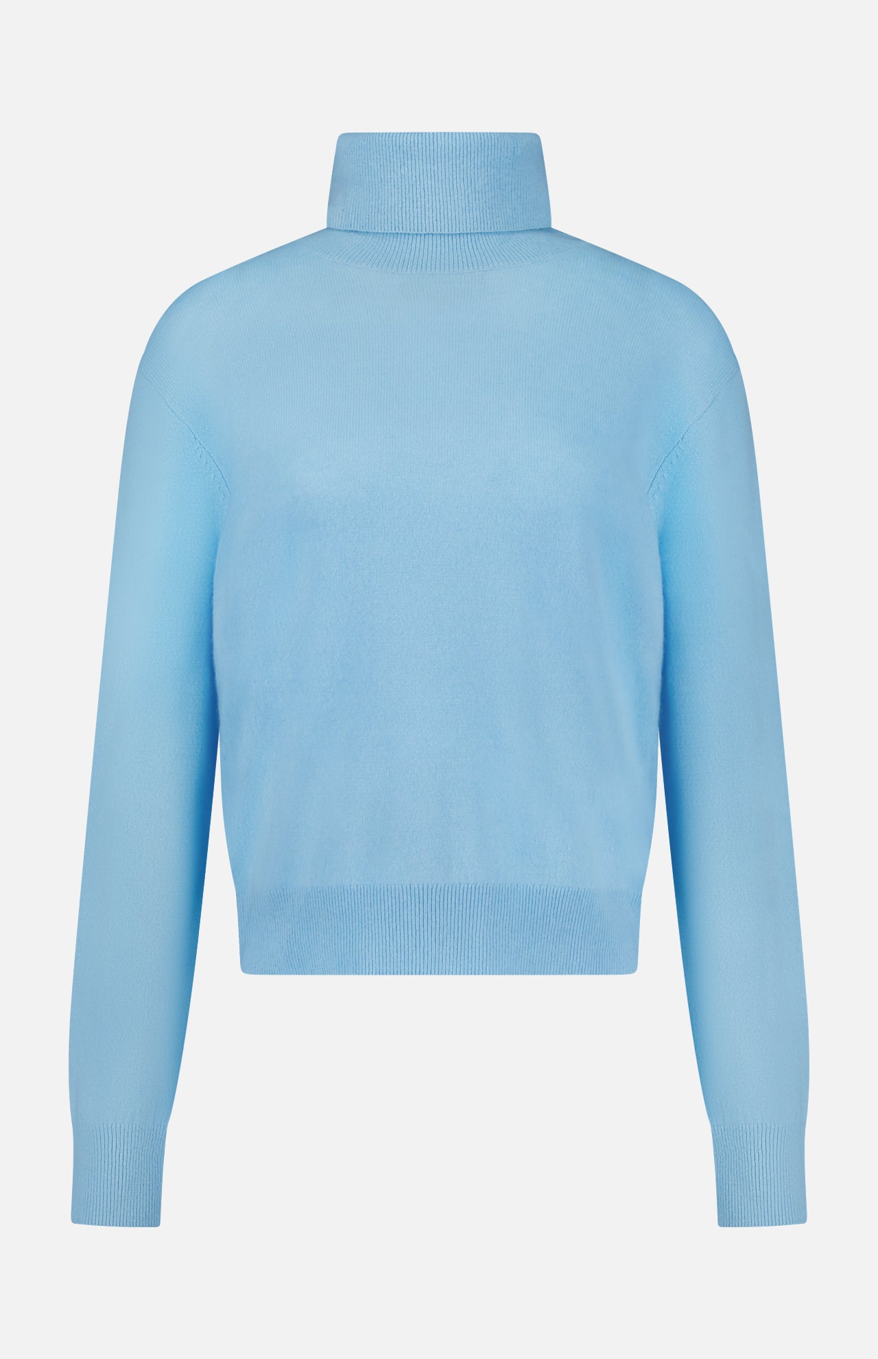 The WHITE + WARREN Cashmere Rib Trim Easy Turtleneck Sweater in light blue features long sleeves, a mock turtleneck, and ribbed cuffs and hem, displayed against a plain white background.