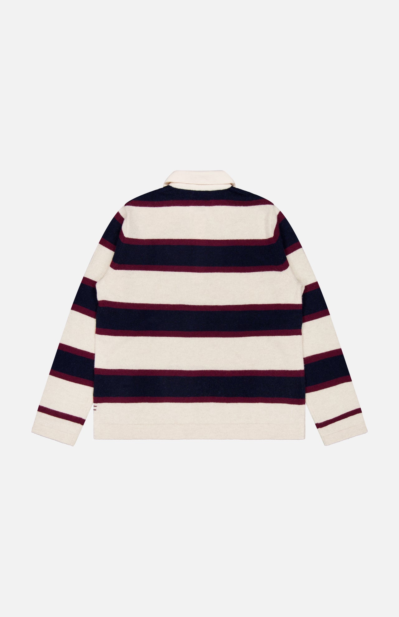 Back view of the WHITE + WARREN Cashmere Rugby Long Sleeve Polo Shirt, featuring wide horizontal stripes in cream, dark navy, and burgundy. Showcasing the rugby trend, this shirt has a classic collar and is laid flat against a plain white background.