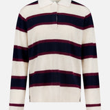 The Cashmere Rugby Long Sleeve Polo Shirt by WHITE + WARREN features wide horizontal stripes in cream, navy blue, and burgundy, embracing the rugby trend. Designed with a classic collar and short button placket, this timeless piece offers both style and sophistication.