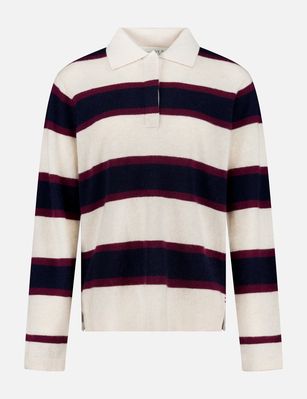 The Cashmere Rugby Long Sleeve Polo Shirt by WHITE + WARREN features wide horizontal stripes in cream, navy blue, and burgundy, embracing the rugby trend. Designed with a classic collar and short button placket, this timeless piece offers both style and sophistication.