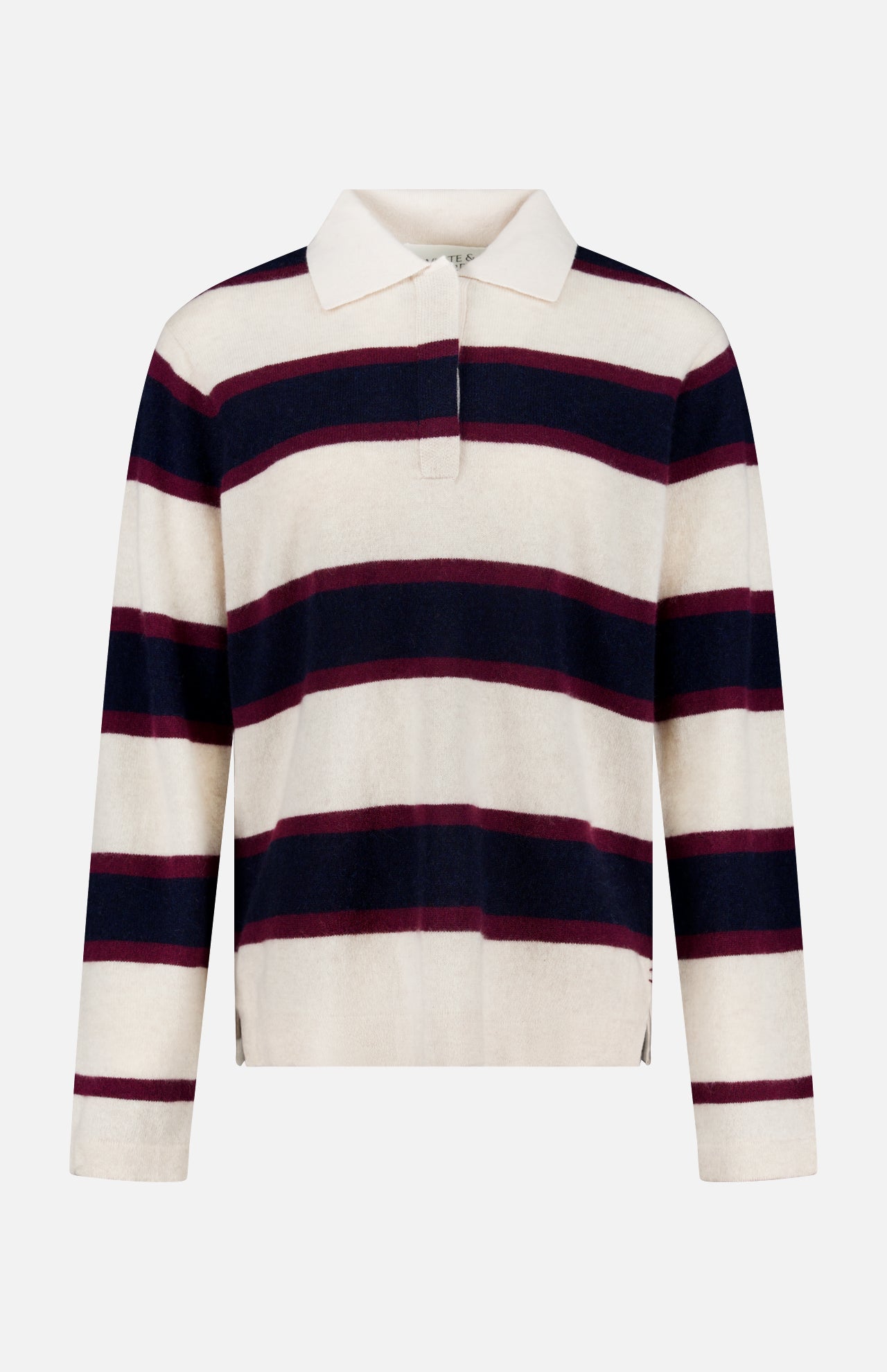 The Cashmere Rugby Long Sleeve Polo Shirt by WHITE + WARREN features wide horizontal stripes in cream, navy blue, and burgundy, embracing the rugby trend. Designed with a classic collar and short button placket, this timeless piece offers both style and sophistication.