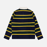 The WHITE + WARREN Cashmere Rugby Long Sleeve Polo Shirt showcases navy blue, yellow, and green horizontal stripes with a crisp white collar—seen from the back, it channels a classic rugby vibe with a sporty twist, echoing the timeless appeal of traditional navy polo shirts.
