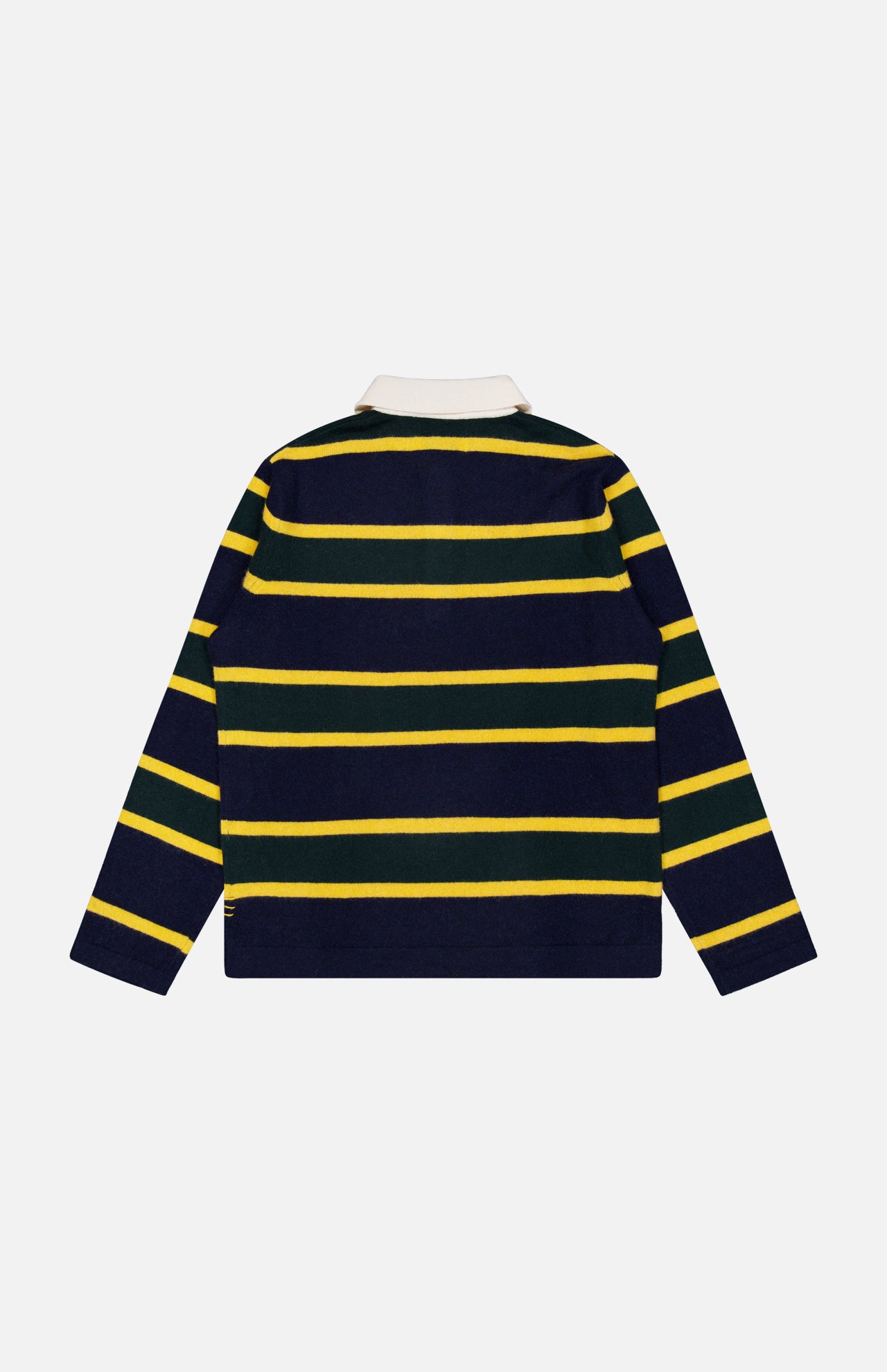 The WHITE + WARREN Cashmere Rugby Long Sleeve Polo Shirt showcases navy blue, yellow, and green horizontal stripes with a crisp white collar—seen from the back, it channels a classic rugby vibe with a sporty twist, echoing the timeless appeal of traditional navy polo shirts.