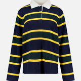 The WHITE + WARREN Cashmere Rugby Long Sleeve Polo Shirt is inspired by the rugby trend, featuring navy blue, yellow, and green horizontal stripes with a classic white collar, shown against a plain white background.