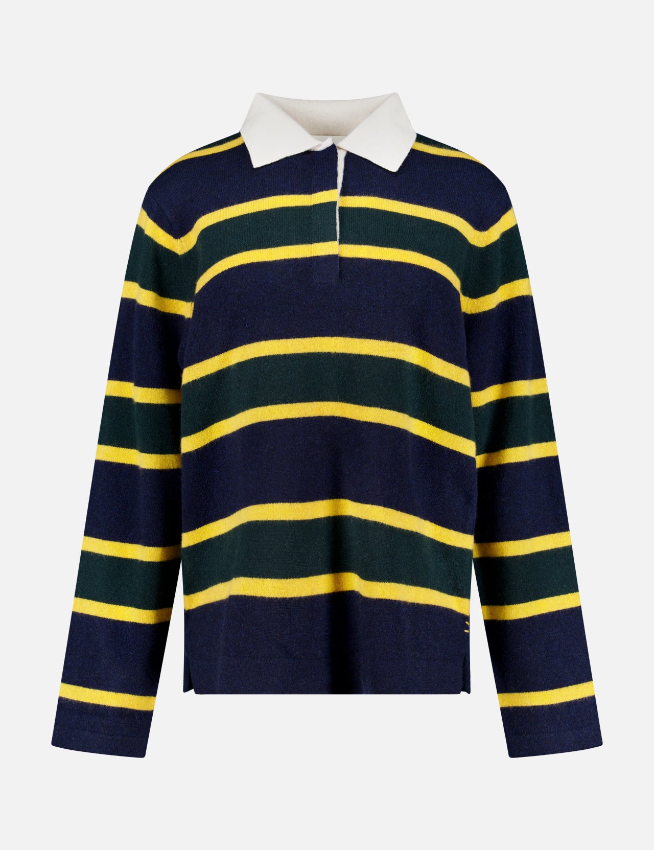 The WHITE + WARREN Cashmere Rugby Long Sleeve Polo Shirt is inspired by the rugby trend, featuring navy blue, yellow, and green horizontal stripes with a classic white collar, shown against a plain white background.