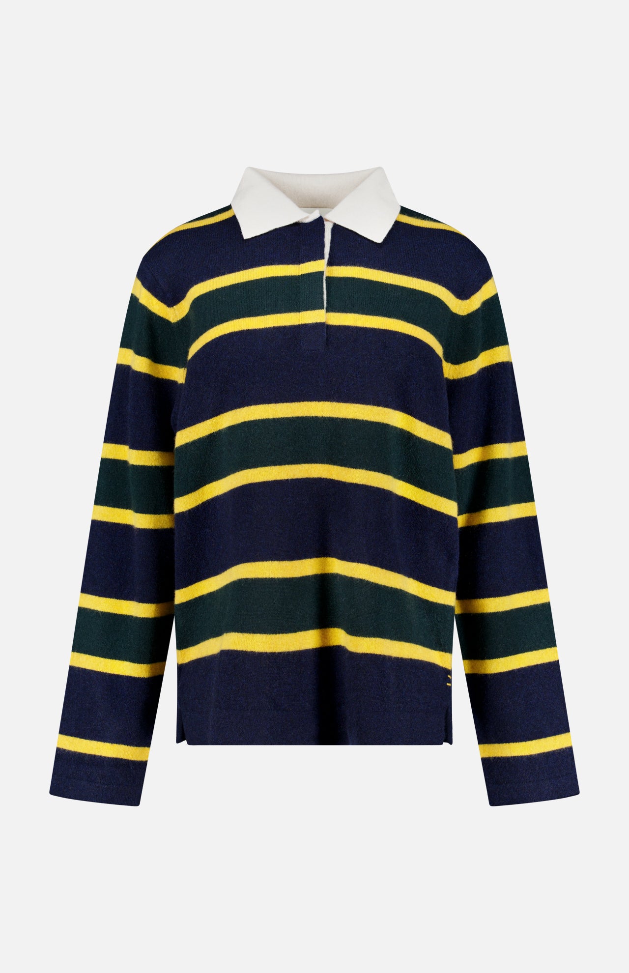 The WHITE + WARREN Cashmere Rugby Long Sleeve Polo Shirt is inspired by the rugby trend, featuring navy blue, yellow, and green horizontal stripes with a classic white collar, shown against a plain white background.