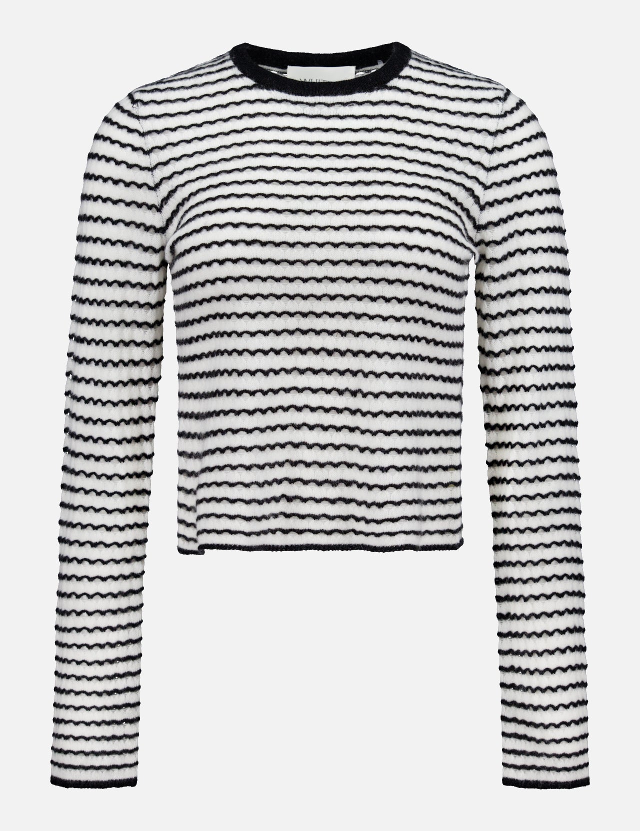 The WHITE + WARREN Cashmere Striped Long Sleeve Top features a chic black and white wavy stripe pattern and a classic crew neckline, shown against a plain white background.