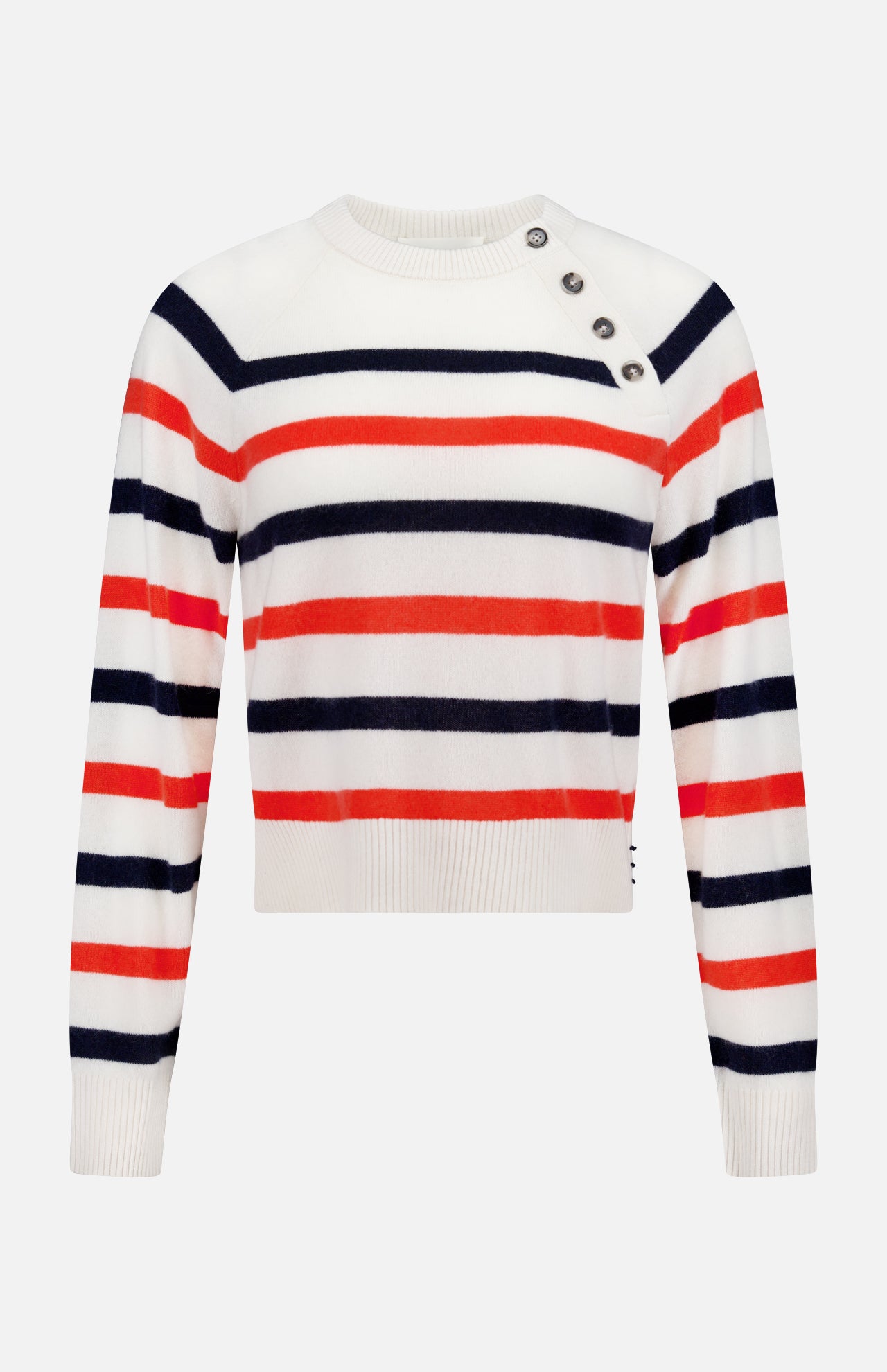 The WHITE + WARREN Cashmere Striped Sweater features long sleeves, navy and red horizontal stripes on an off-white base, ribbed cuffs and hem, and four metallic buttons on one shoulder.