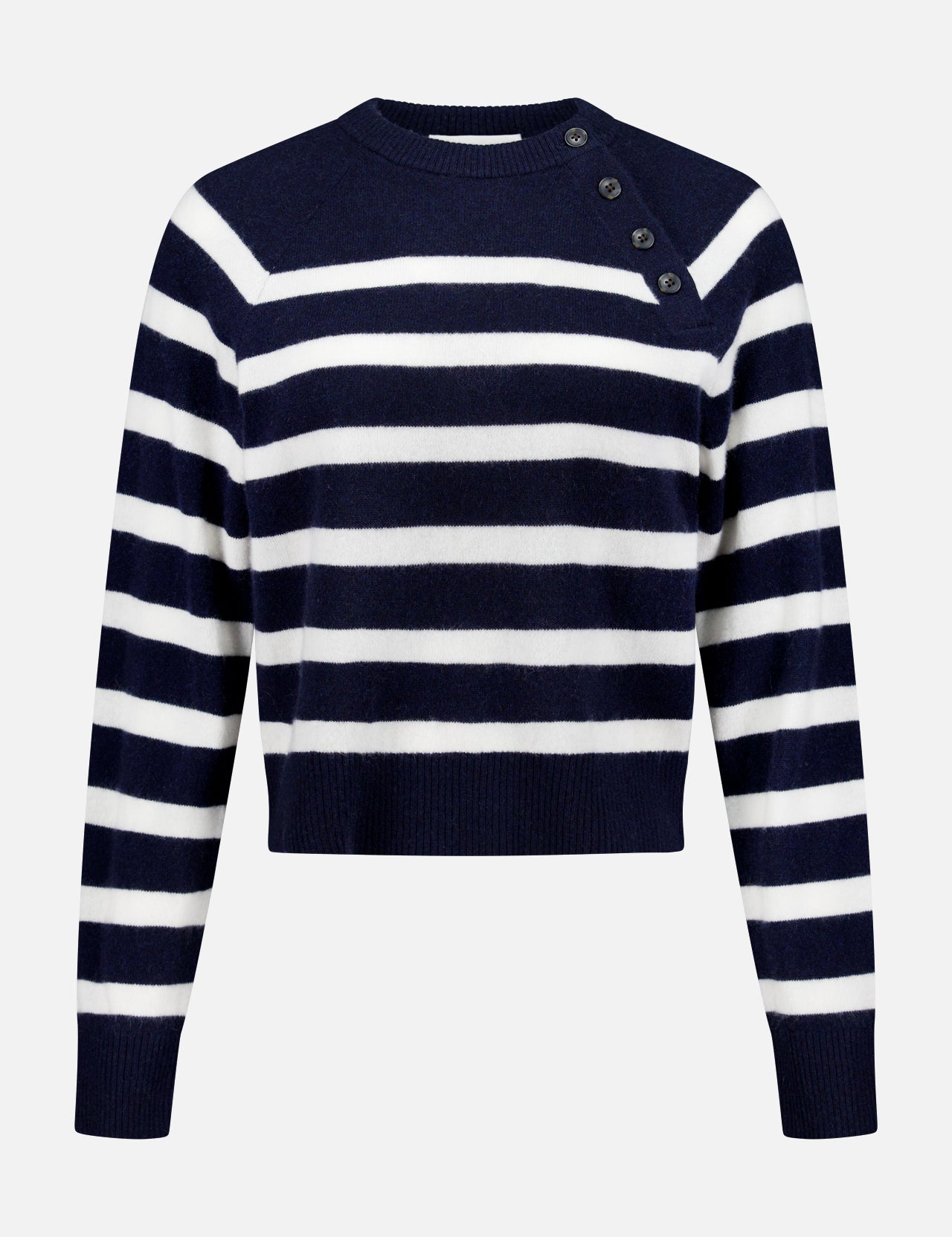 The WHITE + WARREN Cashmere Striped Sweater features navy blue and white stripes, long sleeves, and four black shoulder buttons, shown against a plain light background.