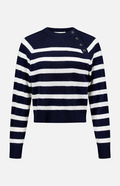 The WHITE + WARREN Cashmere Striped Sweater features navy blue and white stripes, long sleeves, and four black shoulder buttons, shown against a plain light background.