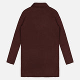 The WHITE + WARREN Cashmere Trapeze Cardigan in dark burgundy, featuring long sleeves and an open-front design, is displayed from the back and laid flat on a white background.