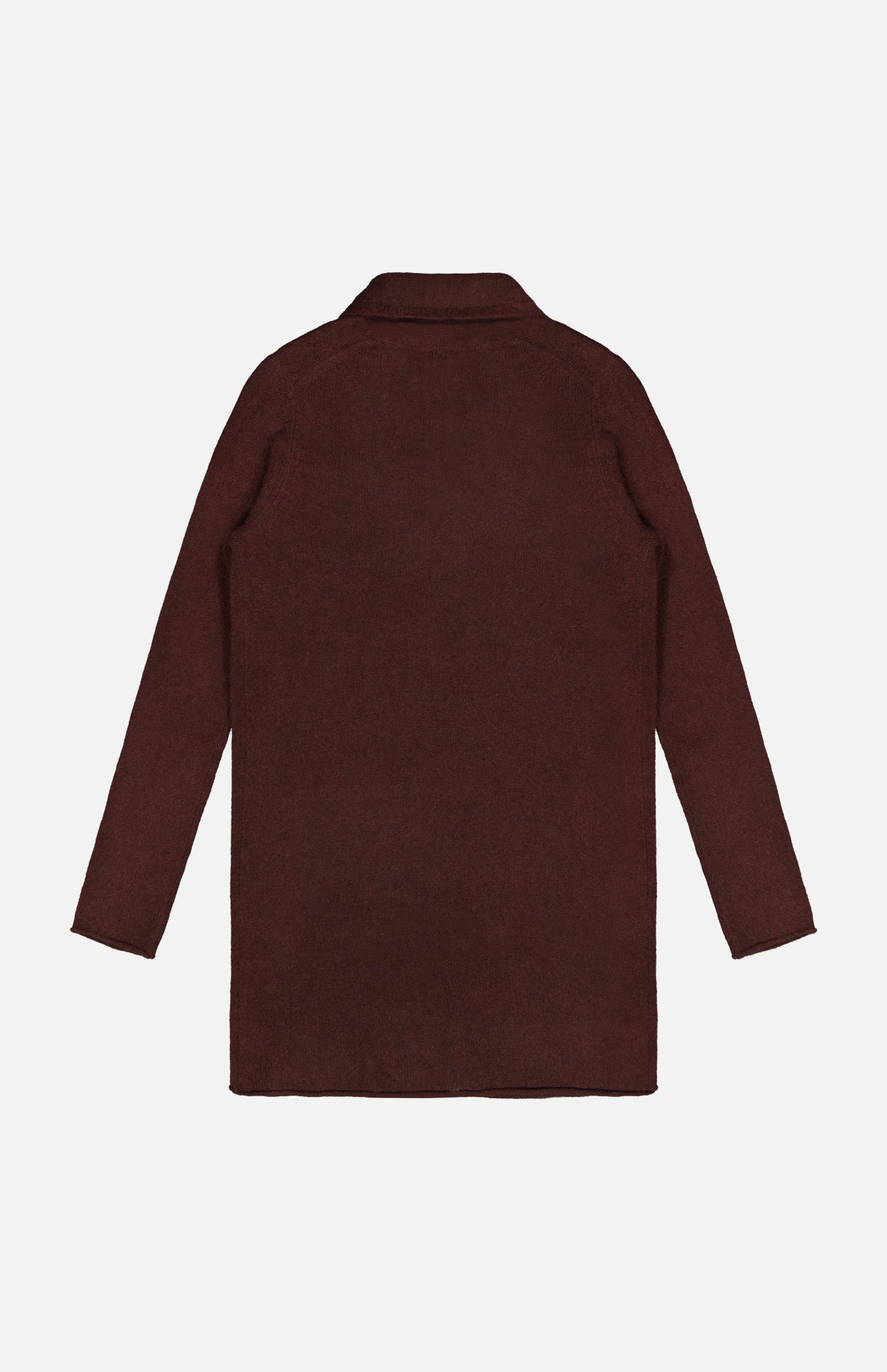 The WHITE + WARREN Cashmere Trapeze Cardigan in dark burgundy, featuring long sleeves and an open-front design, is displayed from the back and laid flat on a white background.