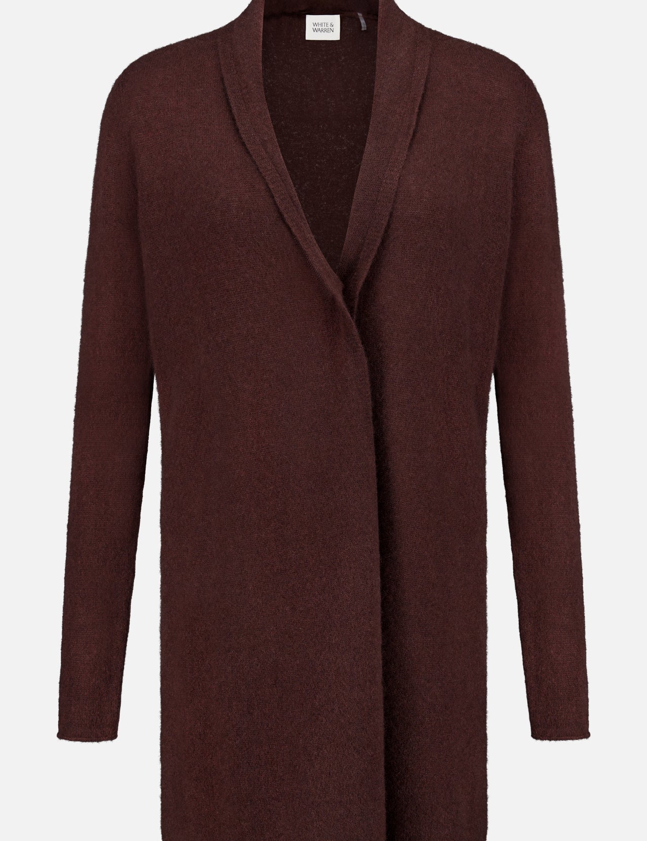 The WHITE + WARREN Cashmere Trapeze Cardigan is a long-sleeved, brown open-front piece made from lightweight cashmere, featuring a relaxed fit and a shawl collar, shown against a plain white background.