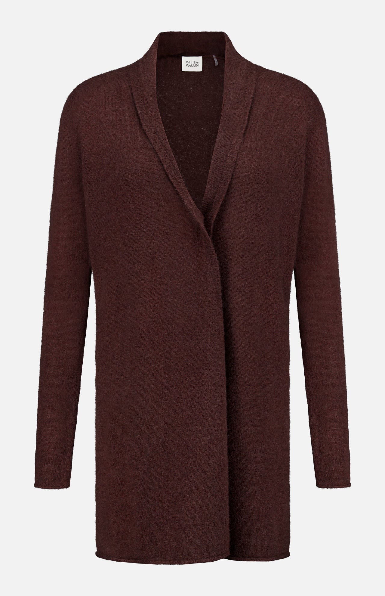 The WHITE + WARREN Cashmere Trapeze Cardigan is a long-sleeved, brown open-front piece made from lightweight cashmere, featuring a relaxed fit and a shawl collar, shown against a plain white background.