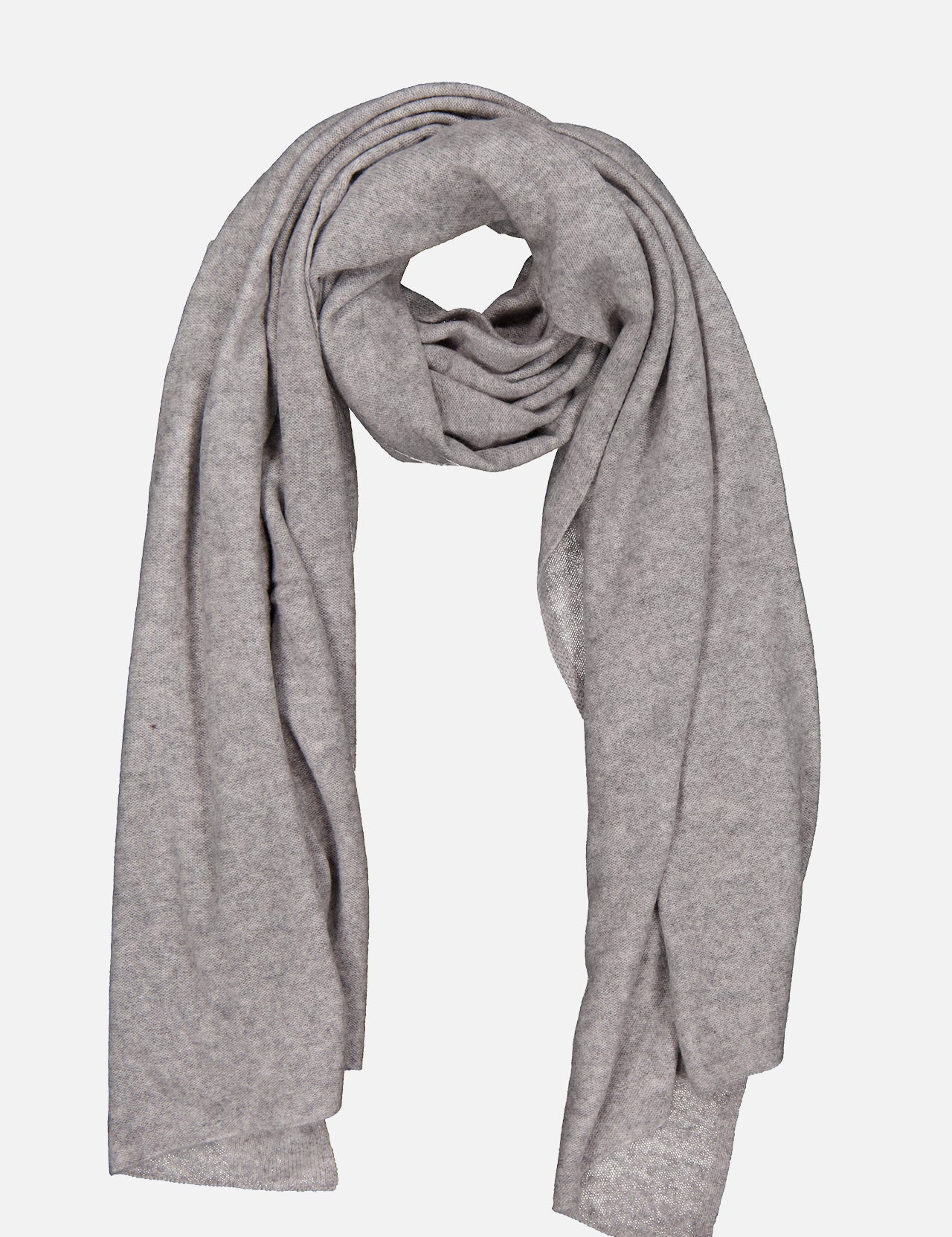 A luxurious light gray Cashmere Travel Wrap by WHITE + WARREN is softly folded in a loop with both ends draping down, set against a plain white background—ideal as a cozy blanket or an elegant accessory for every journey.