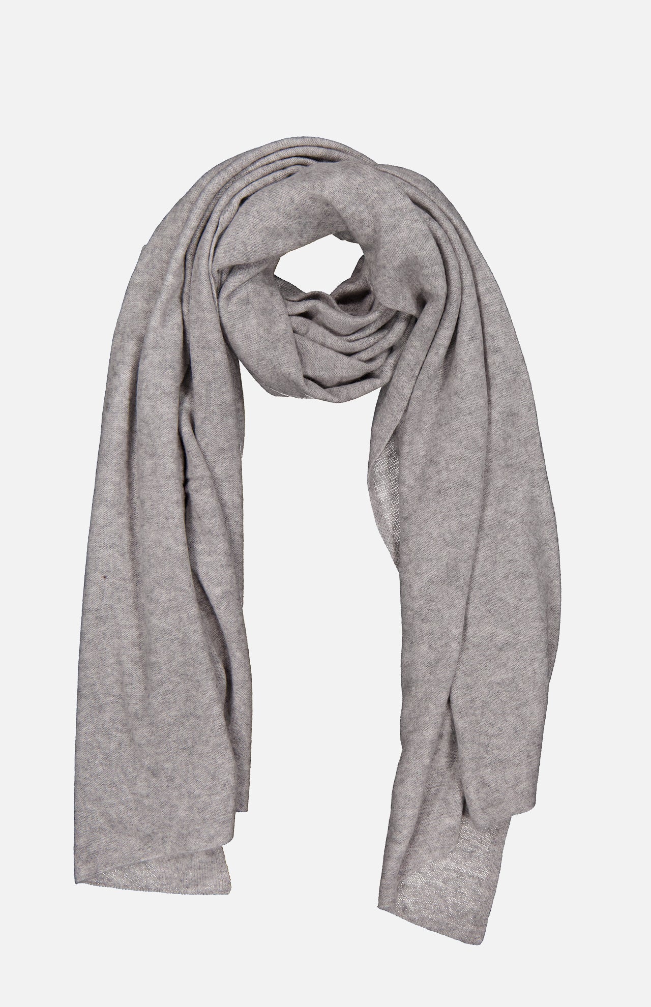 A luxurious light gray Cashmere Travel Wrap by WHITE + WARREN is softly folded in a loop with both ends draping down, set against a plain white background—ideal as a cozy blanket or an elegant accessory for every journey.