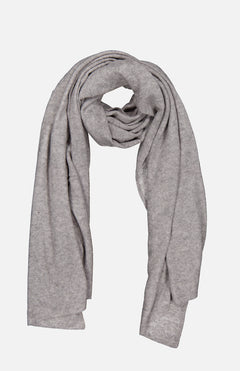 A luxurious light gray Cashmere Travel Wrap by WHITE + WARREN is softly folded in a loop with both ends draping down, set against a plain white background—ideal as a cozy blanket or an elegant accessory for every journey.