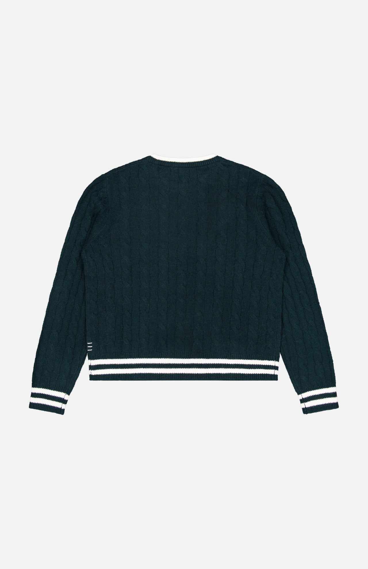 The WHITE + WARREN Cashmere Varsity Cable Crewneck Sweater is shown from the back against a plain white background, highlighting its dark green hue, classic cable knit design, and distinctive white and black striped ribbed cuffs and hem.