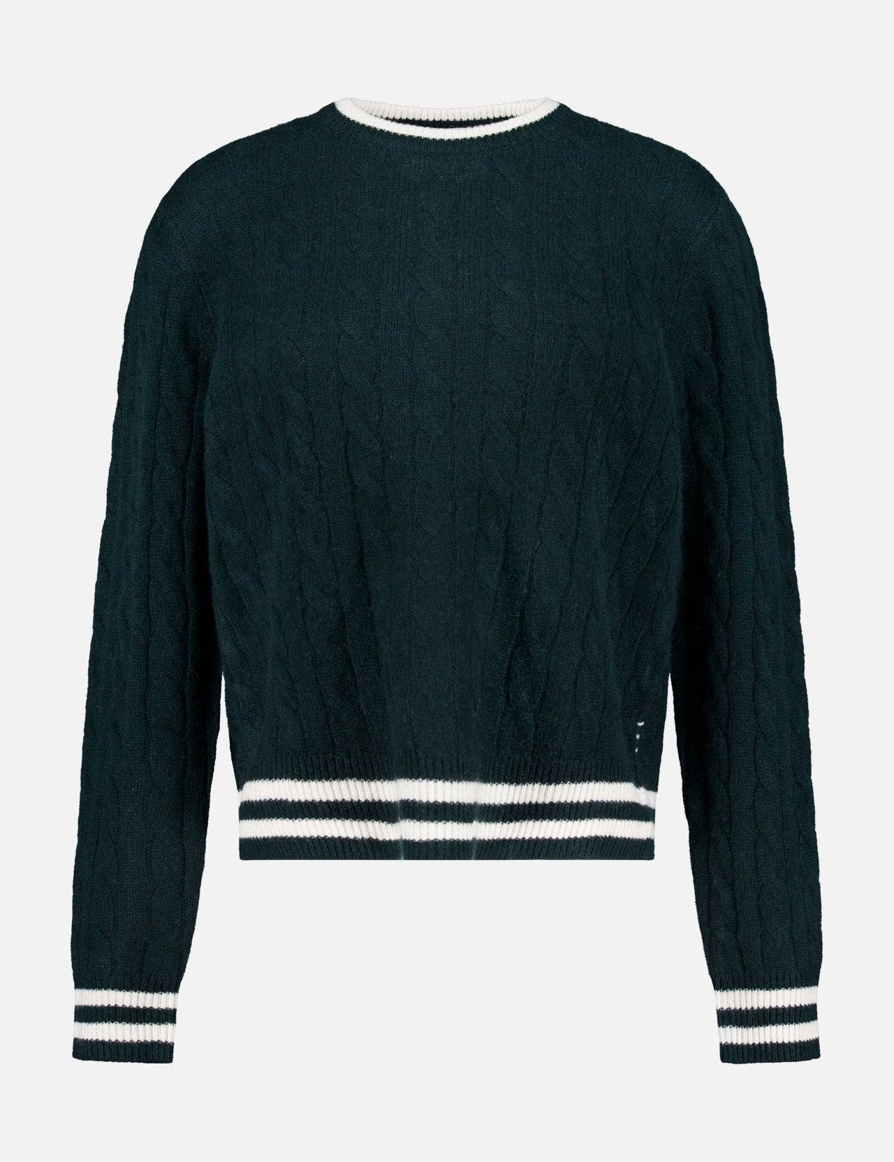 The WHITE + WARREN Cashmere Varsity Cable Crewneck Sweater in dark green features a classic cable-knit design and white ribbed trim on the collar, cuffs, and hem, shown against a plain white background.