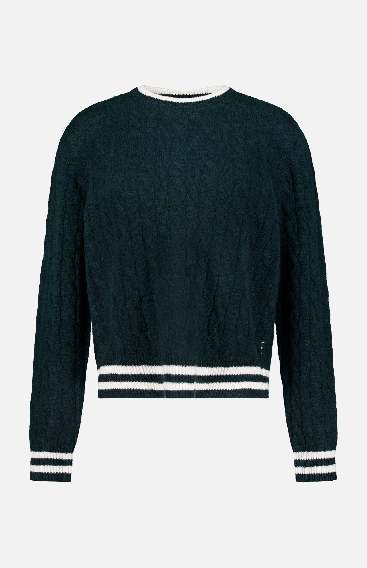 The WHITE + WARREN Cashmere Varsity Cable Crewneck Sweater in dark green features a classic cable-knit design and white ribbed trim on the collar, cuffs, and hem, shown against a plain white background.
