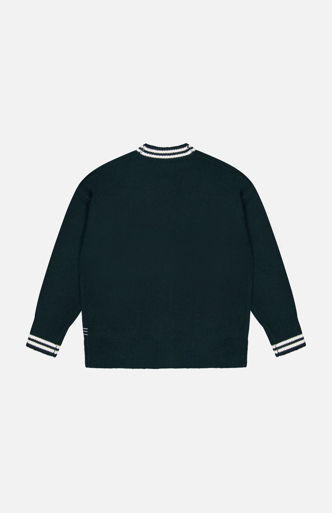 White + Warren Cashmere Varsity Cardigan in dark green with white stripe detail on the ribbed collar, cuffs, and hem.