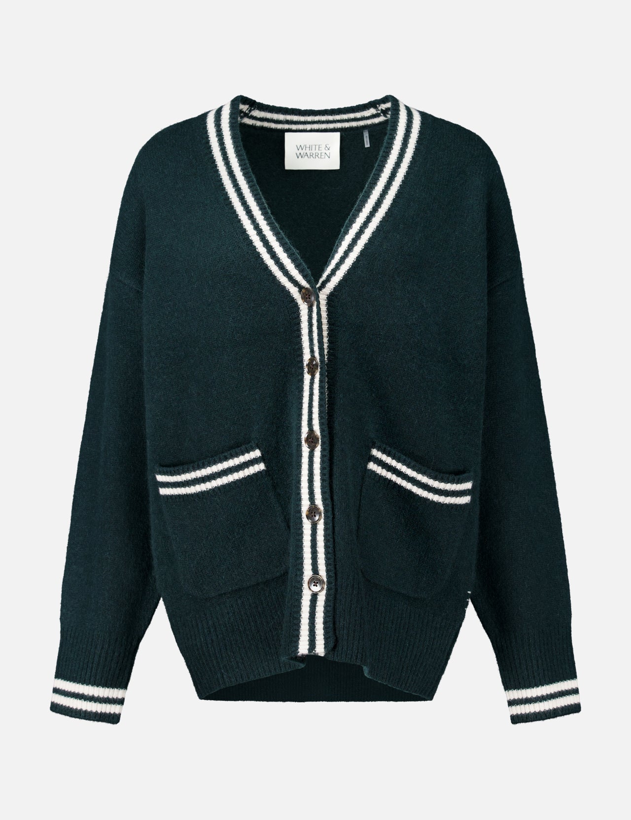 White + Warren Cashmere Varsity Cardigan in dark green with white striped trim on the V-neck, cuffs, and two front pockets, featuring a button-down style.