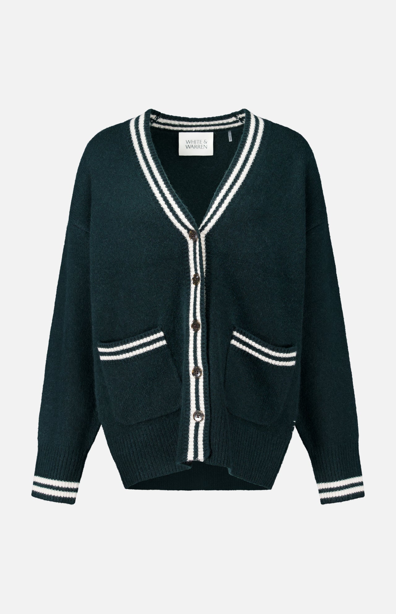 White + Warren Cashmere Varsity Cardigan in dark green with white striped trim on the V-neck, cuffs, and two front pockets, featuring a button-down style.