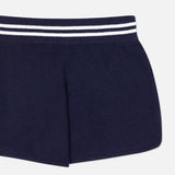 WHITE + WARREN Cashmere Varsity Shorts featuring a white and navy striped elastic waistband, displayed on a white background. Only the upper portion of these stylish shorts is visible.