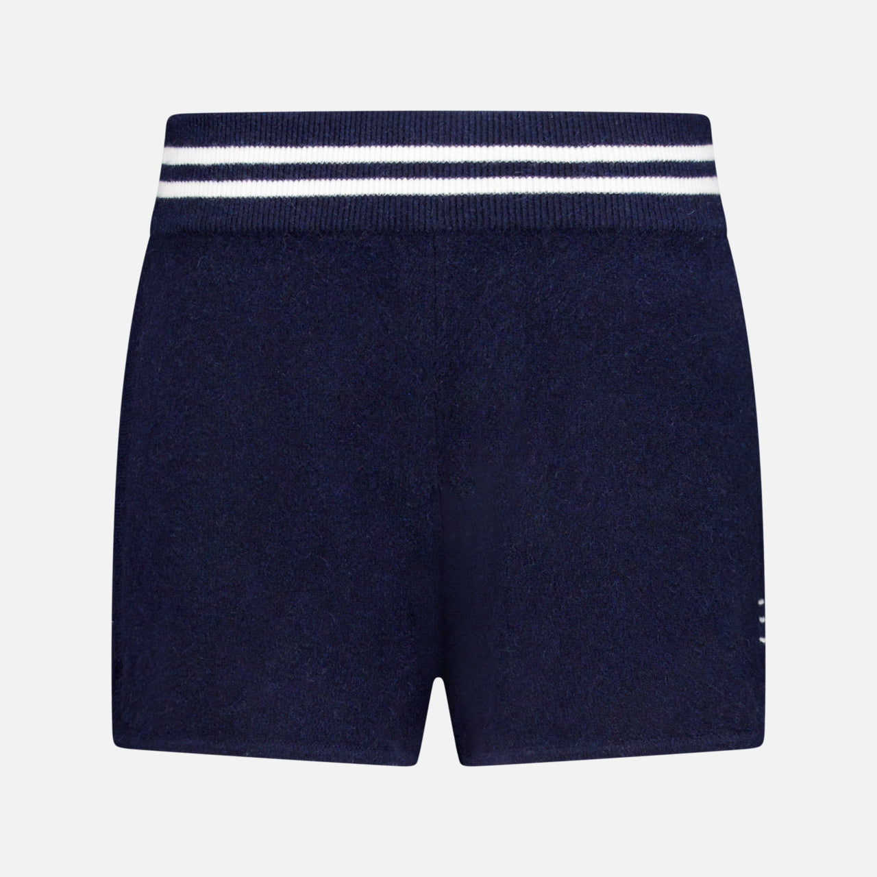 The WHITE + WARREN Cashmere Varsity Shorts feature a soft terry cloth build in navy with a white double-stripe elastic waist. These sporty shorts offer easy comfort and are shown against a plain white background.