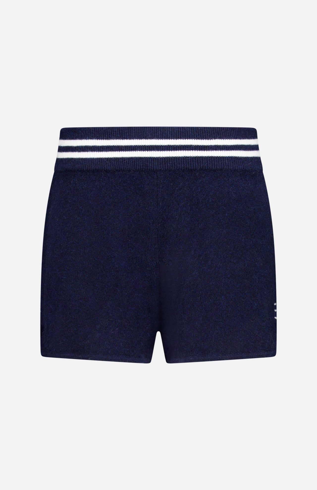 The WHITE + WARREN Cashmere Varsity Shorts feature a soft terry cloth build in navy with a white double-stripe elastic waist. These sporty shorts offer easy comfort and are shown against a plain white background.