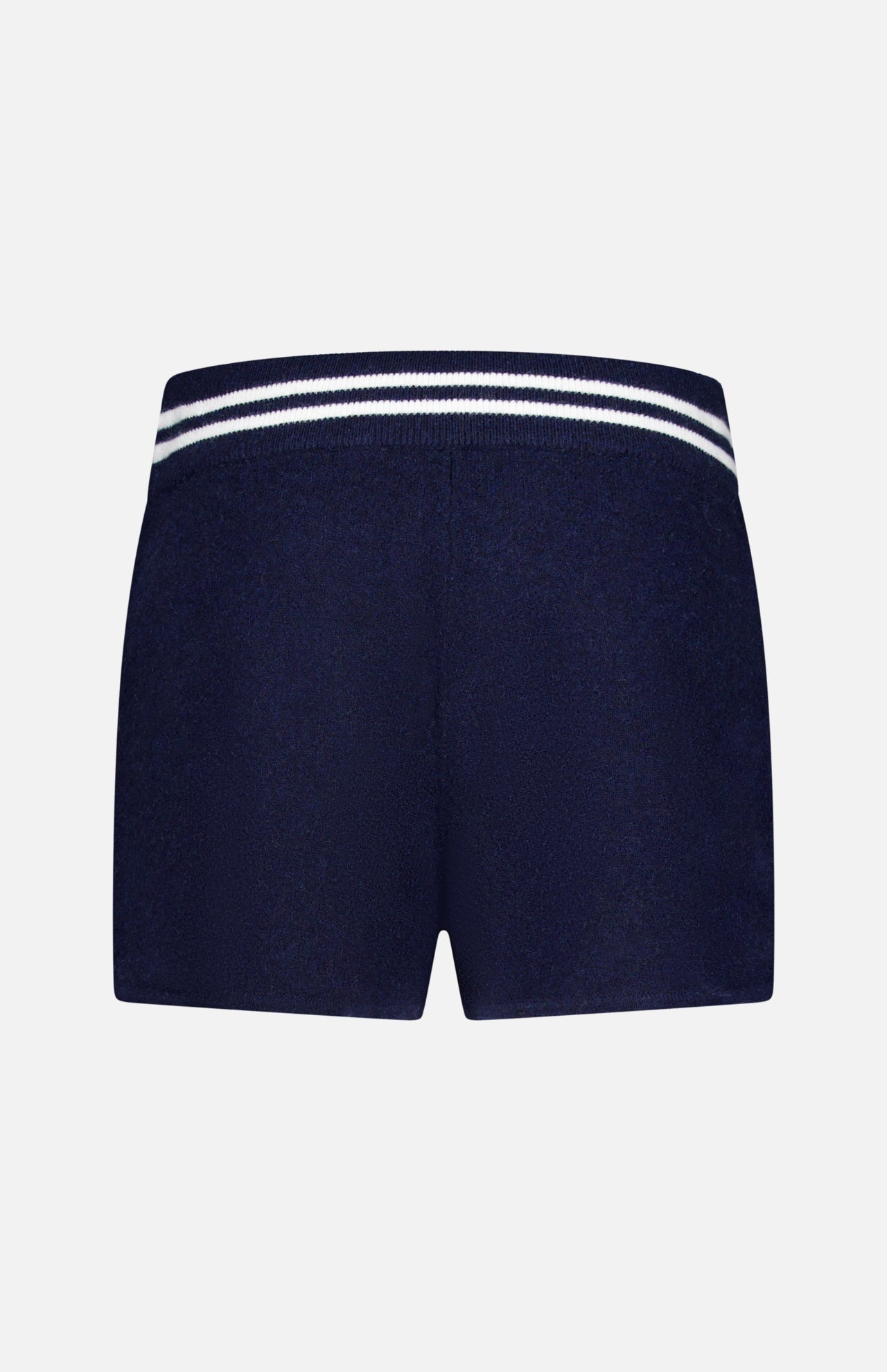 The WHITE + WARREN Cashmere Varsity Shorts, shown from the back on a white background, feature plush navy terry cloth and a blue-and-white striped elastic waistband for comfort and ease.